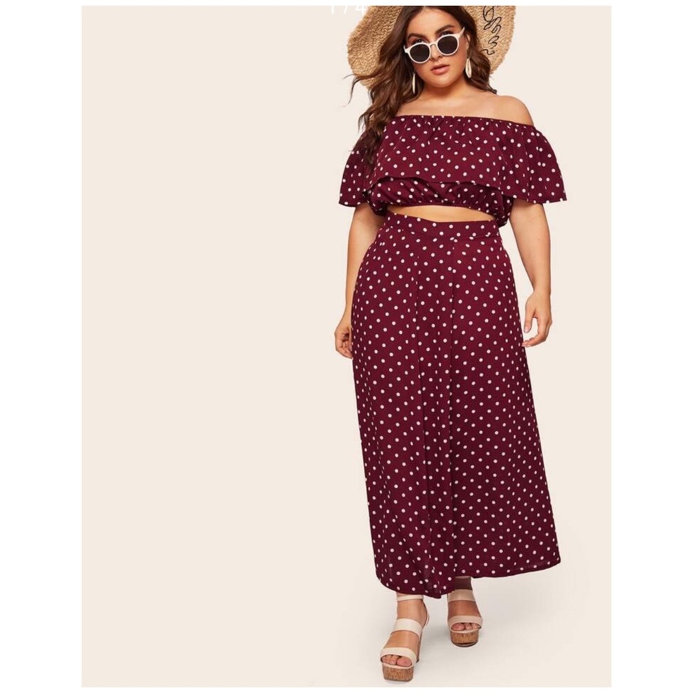 Plus Off Shoulder Polka Dot Top With Split Skirt